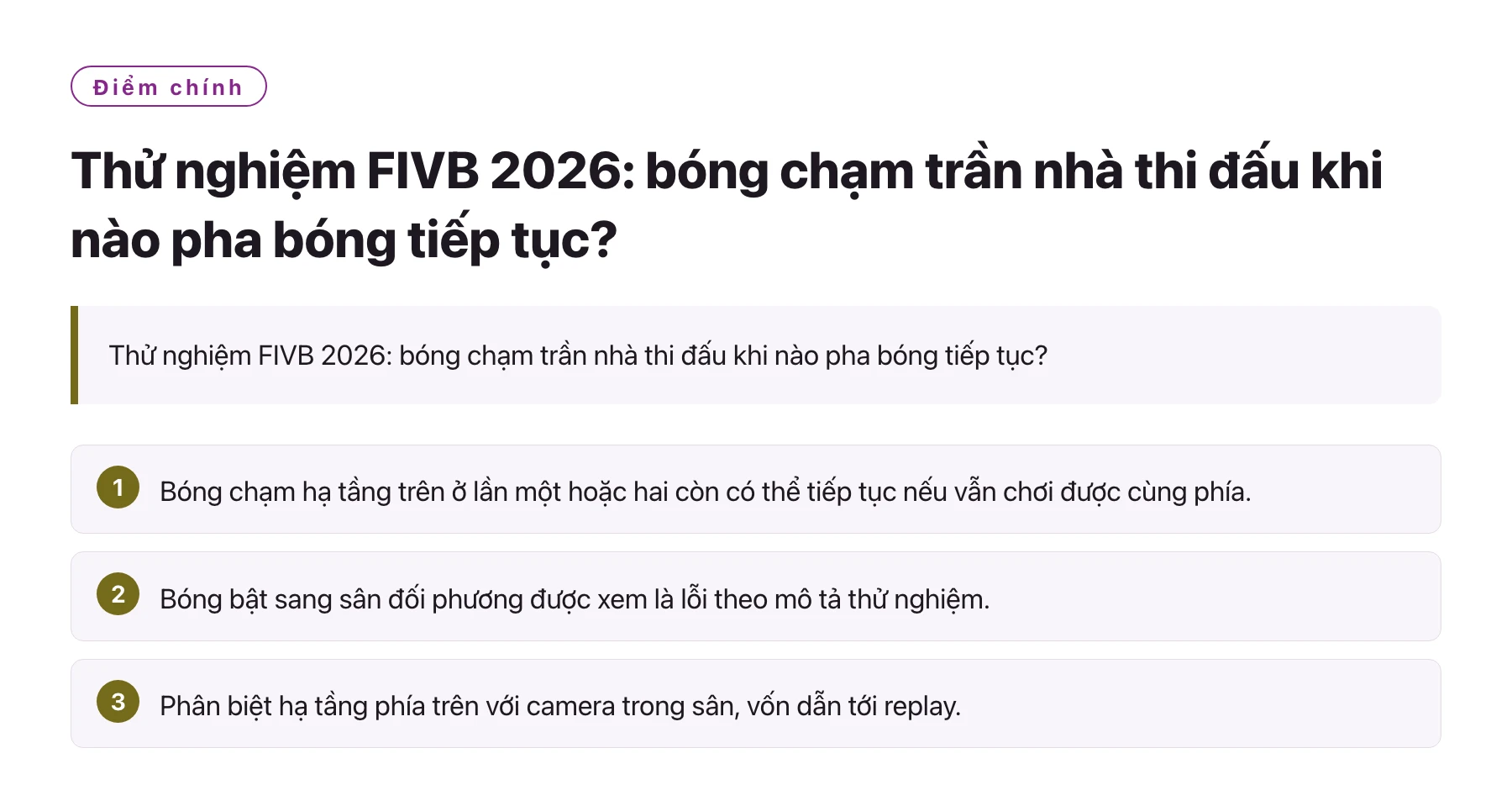 Thử nghiệm FIVB 2026: bóng chạm trần nhà thi đấu khi nào pha bóng tiếp tục?——全文要点速览